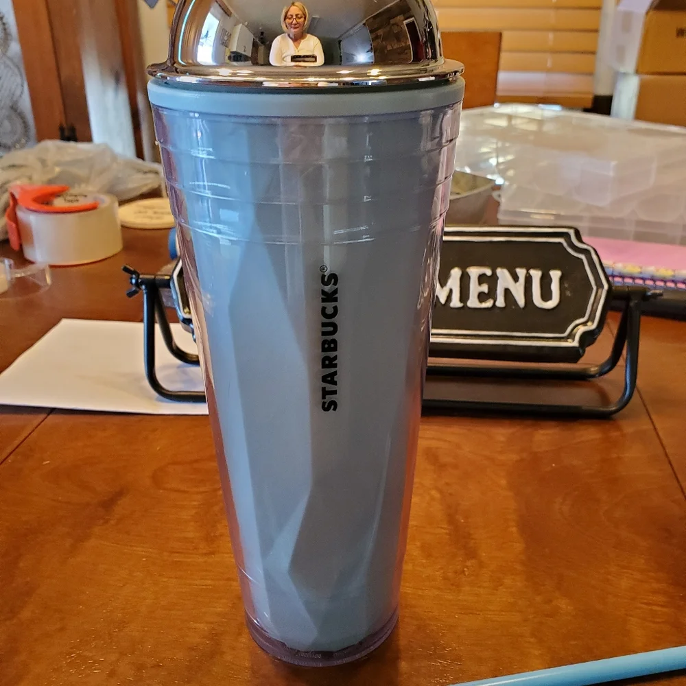 Starbucks 24oz Chiseled Silver Domed Light Blue Cold Cup Tumbler